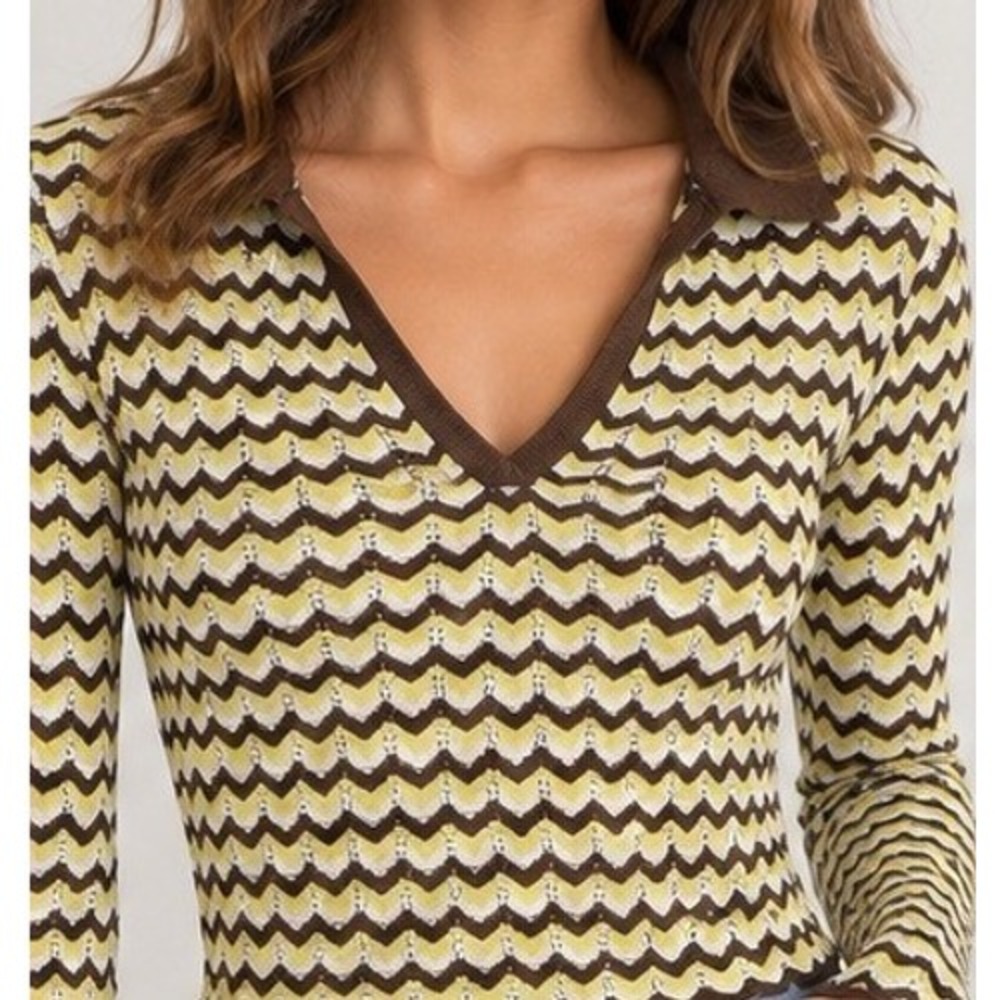 Bershka Brown Yellow Chevron Zigzag Knit V-Neck Polo Long Sleeve Crop Top Small